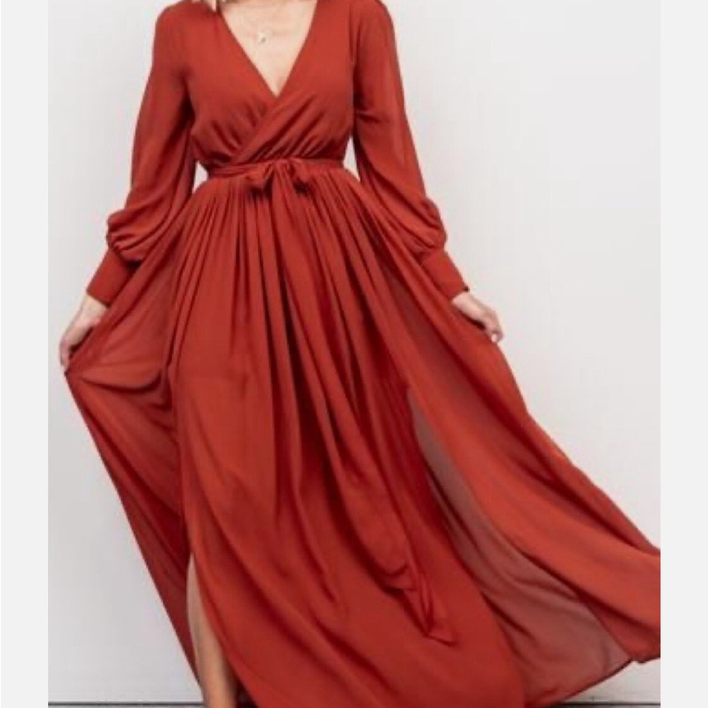 Baltic Born Celine Maxi Dress Rust Orange Long Sleeve Formal Size L Front Slits